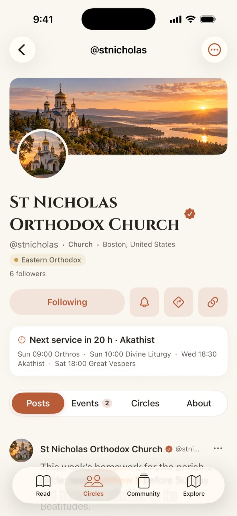 A church page on iPhone with its photo, service times and posts