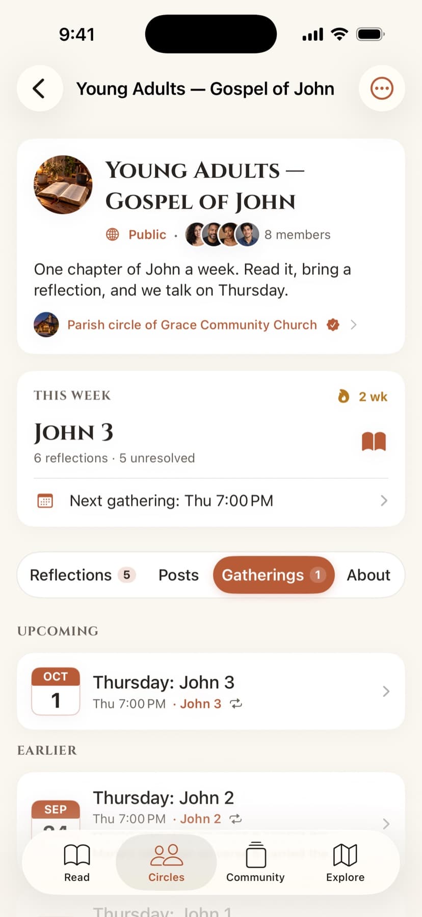 A circle’s gatherings on iPhone: the next meeting on John 3 and earlier ones with their notes