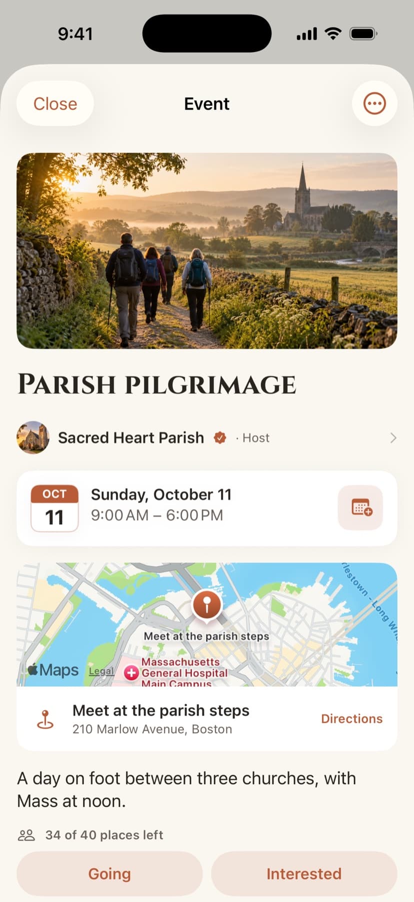 A church event on iPhone with its photo, date, map and RSVP buttons