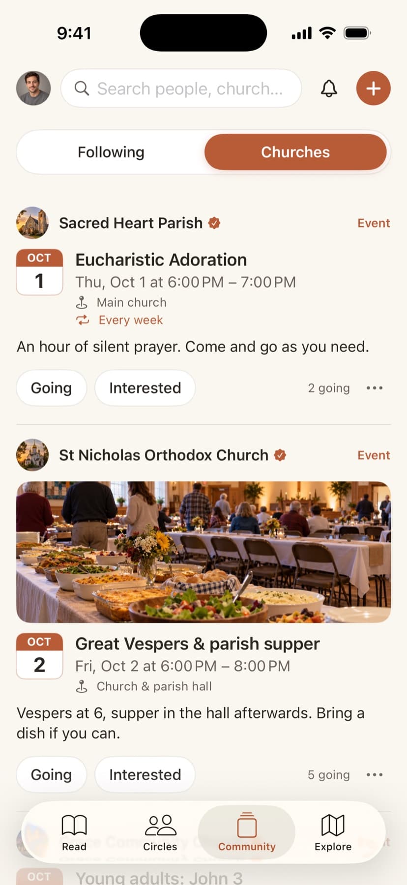 The Community feed on iPhone with church events and posts