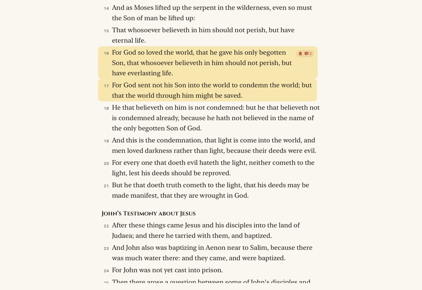 The Bible reader on iPad: John 3 with highlighted verses and a side panel of the chapter’s outline and your marks