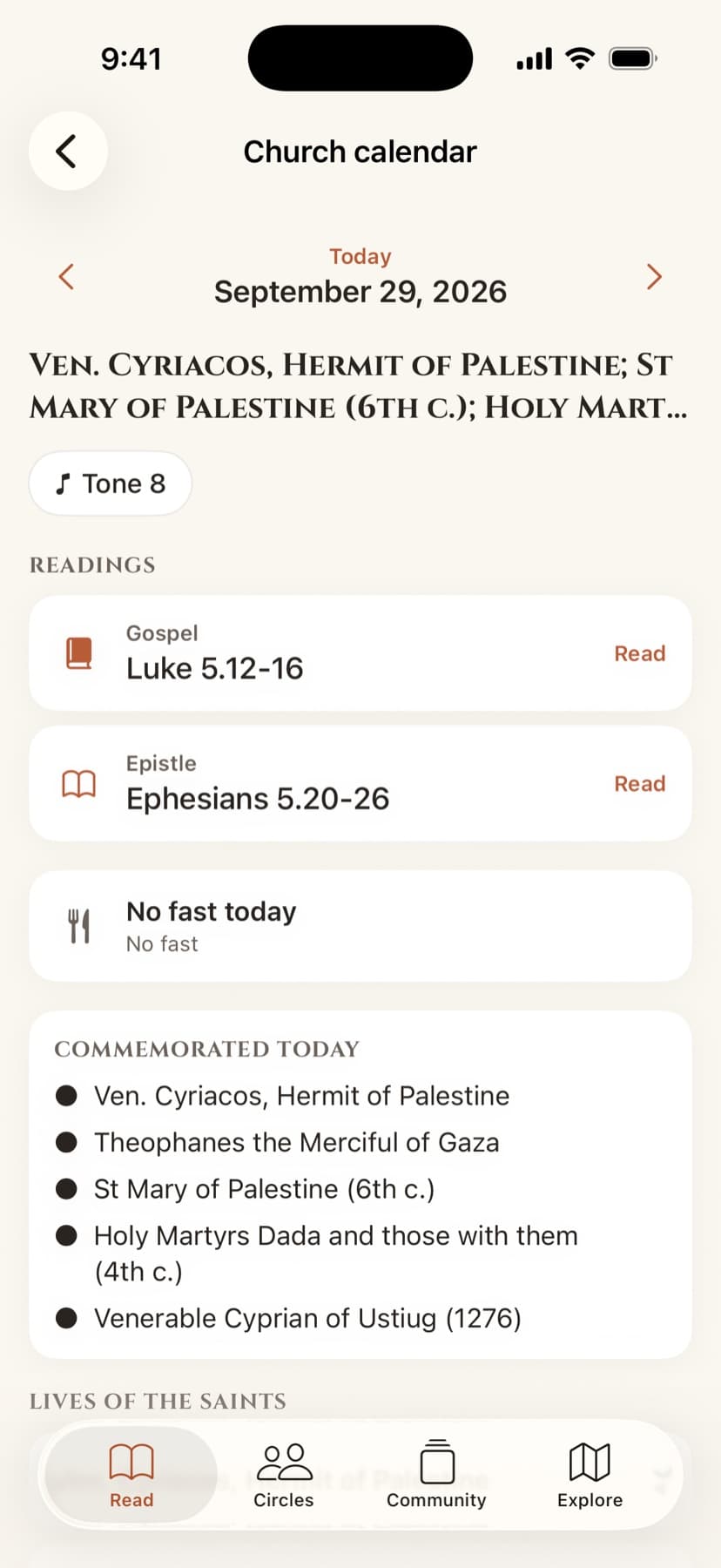 The church calendar’s day screen on iPhone with the feast, fasting and the day’s readings