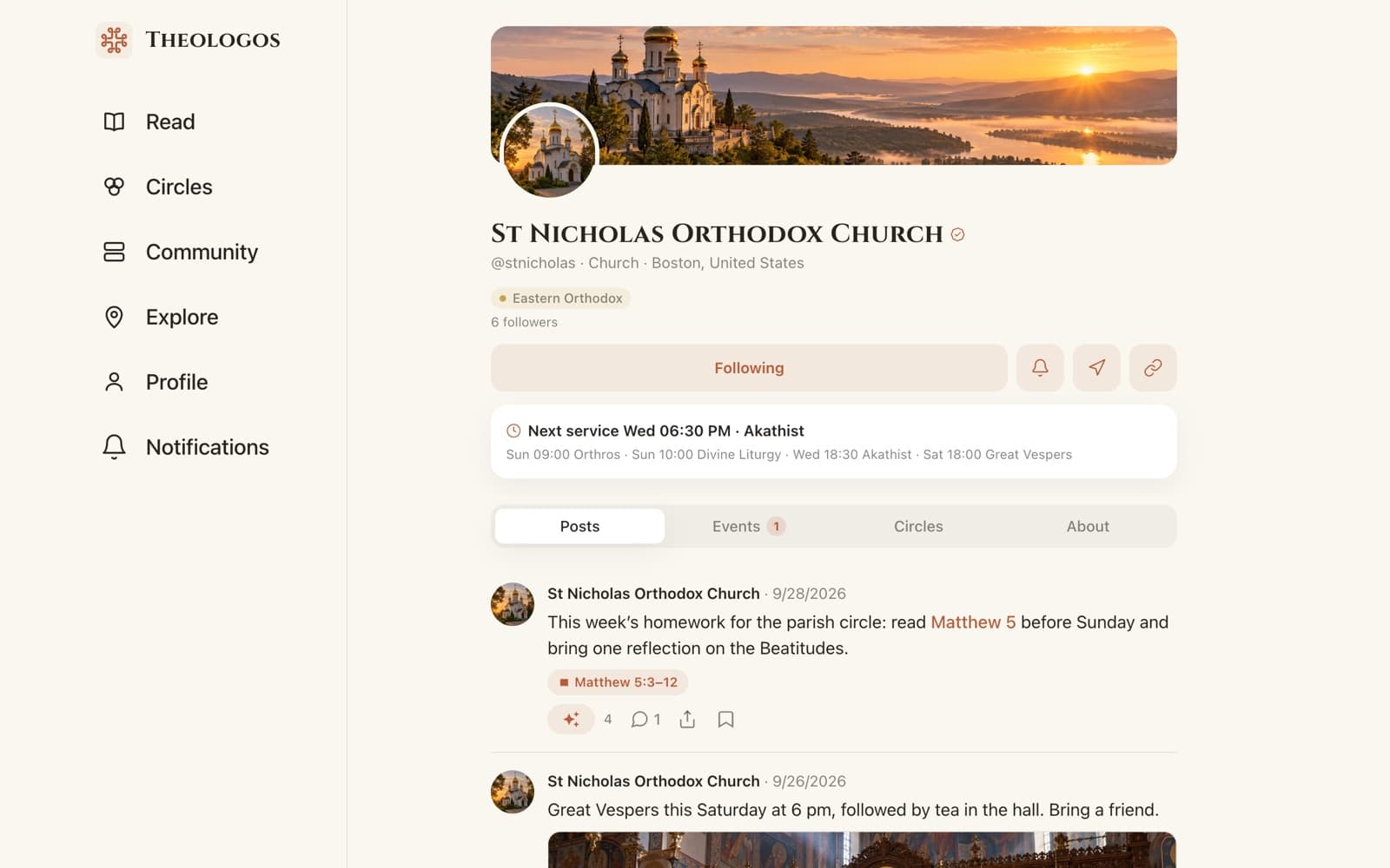 A church page in Theologos on the web, with service times and posts