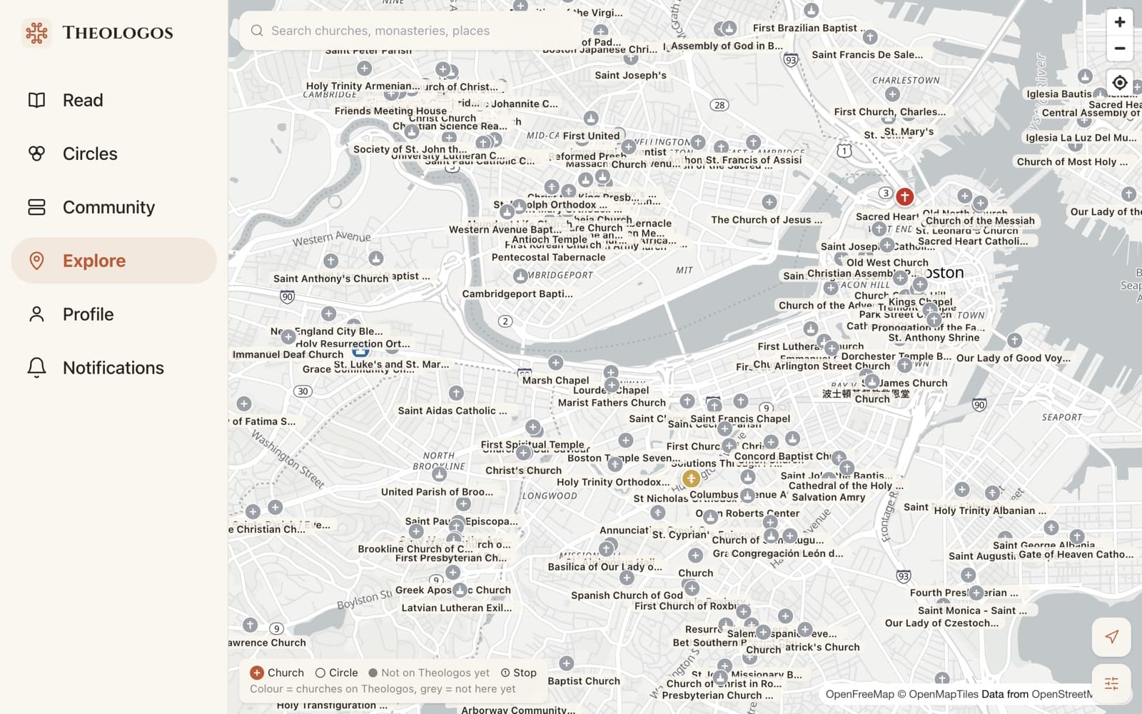 The map on the web showing churches across a city